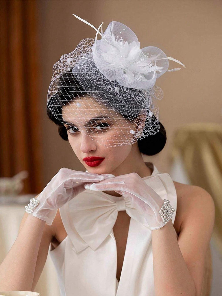 Floral Feather Fascinator Hat With Veil - vintage fashion, retro style