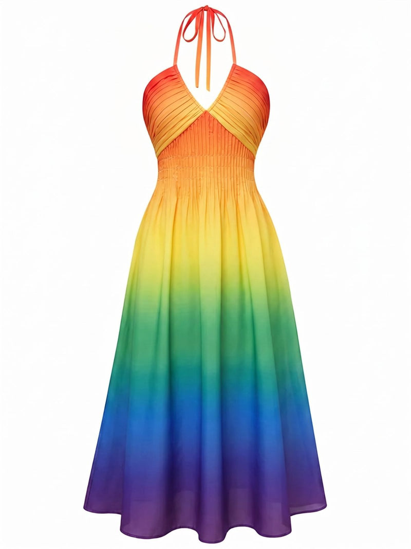 rainbow dress women Pre-Sale] Rainbow 1940s Ombre Deep V-Neck Halter Dress