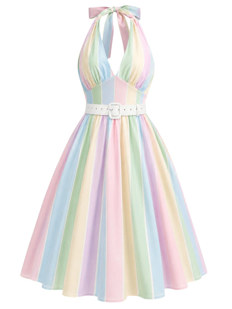 [Pre-Sale] 1950s Rainbow Striped Halter Belted Dress, vintage dress, retro fashion, rockabilly, pin-up fashion - perfect for women who love vintage and retro fashion