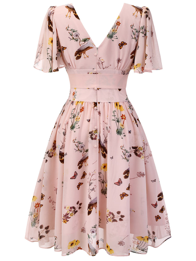 Detail view: vintage Pink Flowers And Birds Bowknot V-Neck Dress, perfect for vintage themed parties and retro fashion enthusiasts