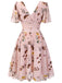 Detail view: vintage Pink Flowers And Birds Bowknot V-Neck Dress, perfect for vintage themed parties and retro fashion enthusiasts