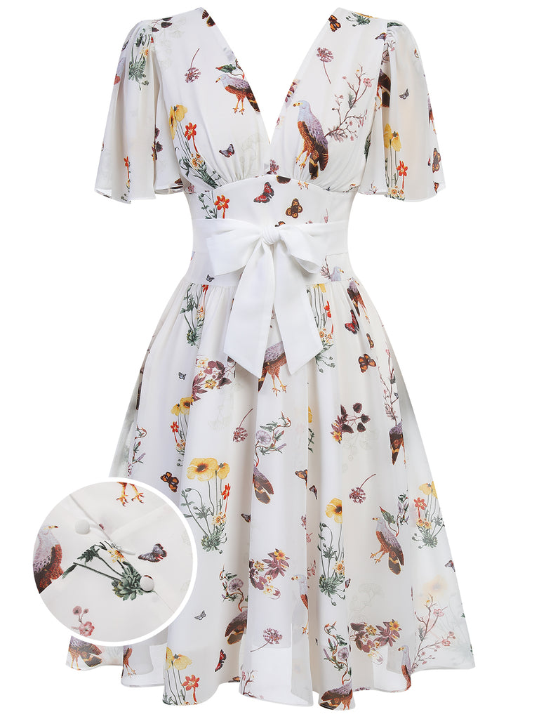 Flowers And Birds Bowknot V-Neck Dress — vintage elegance for the modern woman