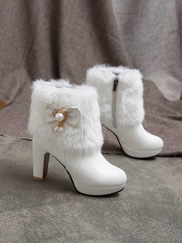 Fur Bow Pointed High Heels Boots — vintage vintage charm for her modern wardrobe