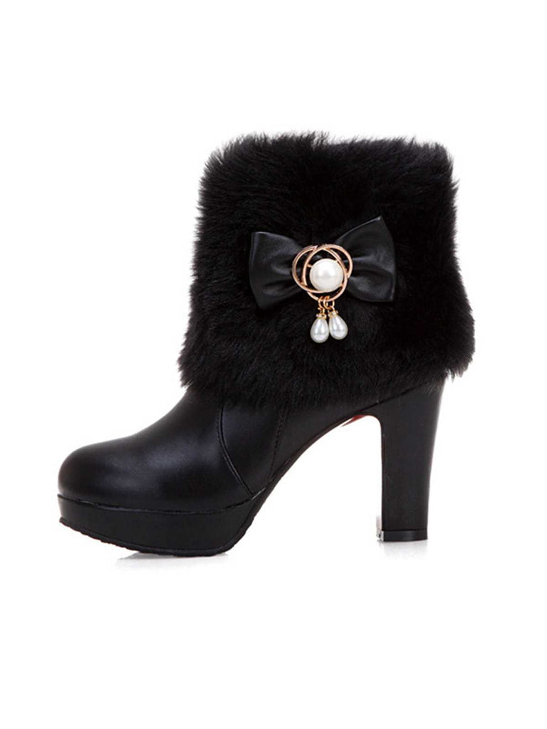 She finds her vintage story in this Fur Bow Pointed High Heels Boots