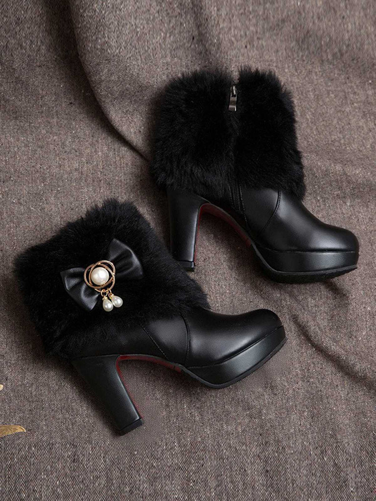 Fur Bow Pointed High Heels Boots: timeless vintage elegance she makes her own