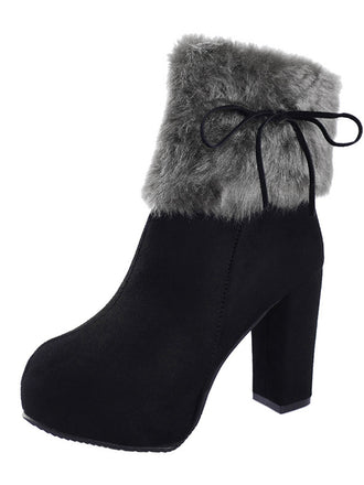 Furry Round Toe Zipper Chunky High Heel Platform Boots - vintage shoes, retro heels