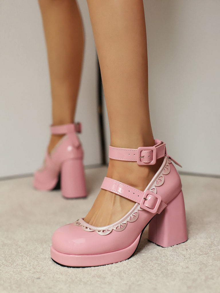 Vintage Lace Patent Leather Chunky Heels