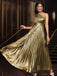 Gold 1980s Metallic One-Shoulder Pleated Party Dress