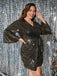 [Plus Size] 1960s Sequined Flare Sleeve Solid Wrap Dress