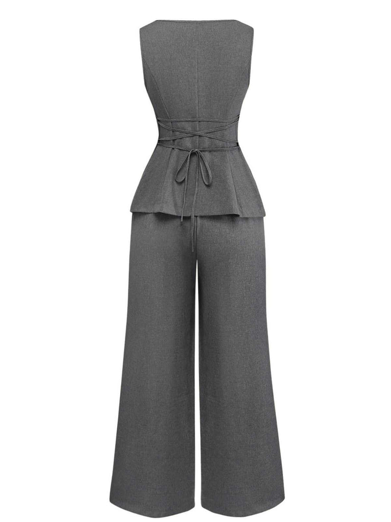 2PCS Solid 1940s Sleeveless Top & Wide-Leg Pants