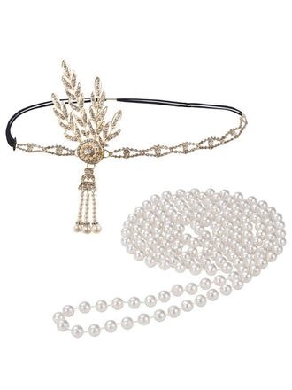 Gatsby Feather Alloy Headband & Pearl Necklace Set - vintage fashion, retro style