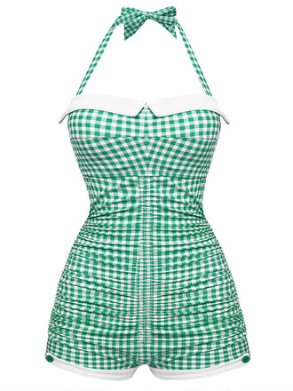 Gingham 1950s Halter Bowknot One-piece Swimsuit: beautiful vintage swimwear, retro swimsuit, pin-up style with timeless appeal