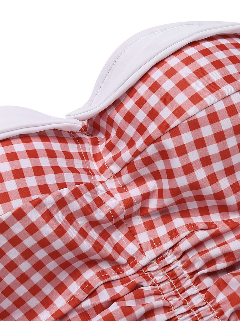 This Gingham 1950s Halter Bowknot One-piece Swimsuit carries 1950s vacation dreams in every stitch