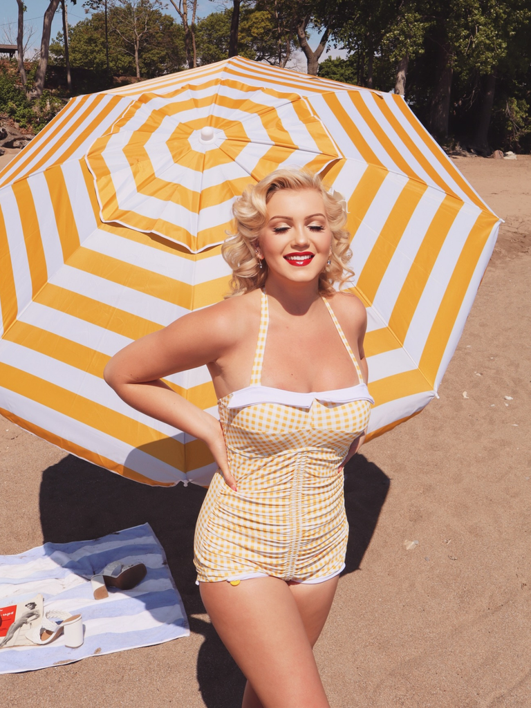 Gingham 1950s Halter Bowknot One-piece Swimsuit, vintage swimsuit, pin-up swimwear - perfect for women who love vintage and retro fashion