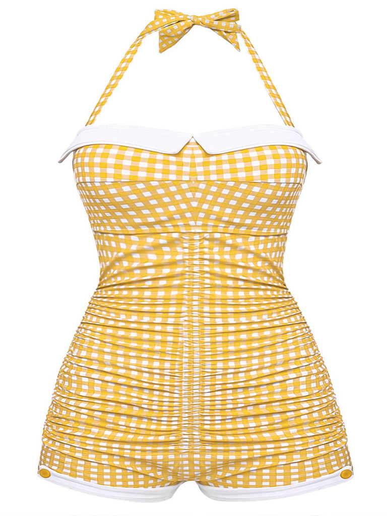 Plus Size Swimwear Halter Neck Yellow Gingham Tummy Control One Piece Swimsuit Plus Size Swimwear Halter Neck Yellow Gingham Tummy Control One Piece Swimsuit