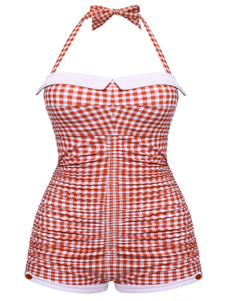 Gingham 1950s Halter Bowknot One-piece Swimsuit: timeless style reimagined