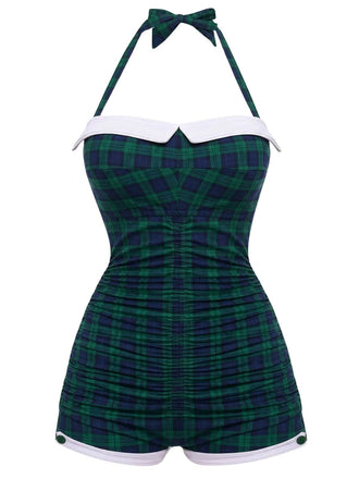 [Pre-Sale] Blue-Green Gingham 1950s Halter Bowknot One-piece Swimsuit