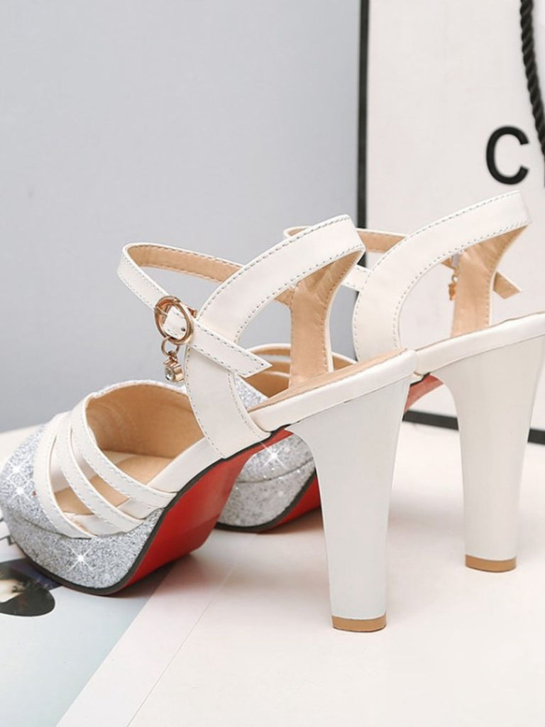 She finds her vintage story in this Glitter PU Leather High Heel Sandals