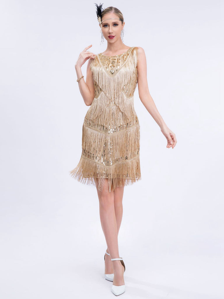 She slips into this Gold 1920s Gatsby Sequins Tassel Patchwork Dress and suddenly it's a 1920s daydream