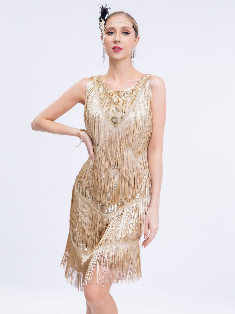 Gold 1920s Gatsby Sequins Tassel Patchwork Dress: where 1920s romance meets her modern spirit