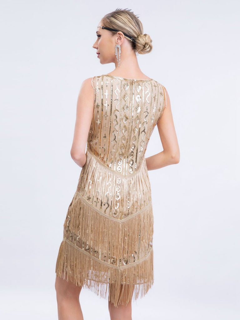 Gold 1920s Gatsby Sequins Tassel Patchwork Dress — the kind of 1920s dress that makes strangers smile