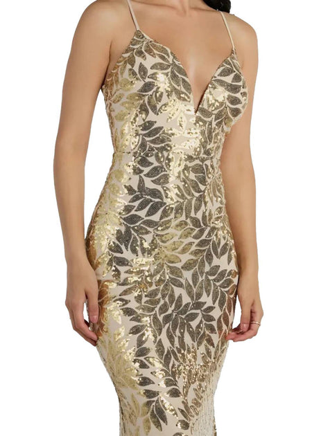 Gold 1920s Leaves Sequined Mesh Fishtail Dress
