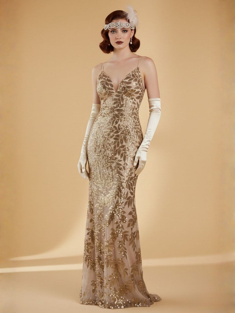 Gold 1920s Leaves Sequined Mesh Fishtail Dress - vintage dress, retro fashion, Gatsby party