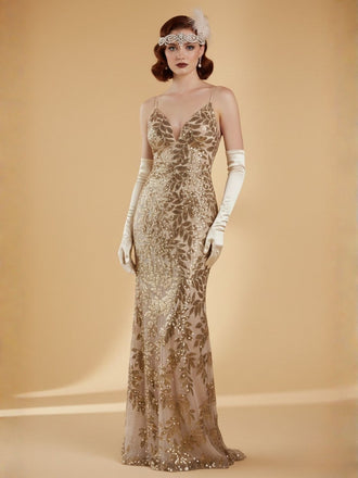 Gold 1920s Leaves Sequined Mesh Fishtail Dress - vintage dress, retro fashion, Gatsby party