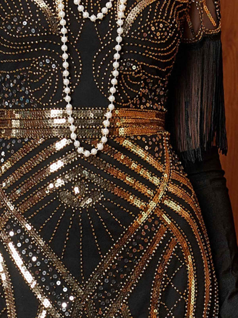 Gold 1920s Sequin Tassel V-Neck Maxi Dress - vintage dress, retro fashion, Gatsby party