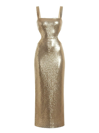 Gold 1920s Sequined Backless Evening Maxi Dress - vintage dress, retro fashion, Gatsby party