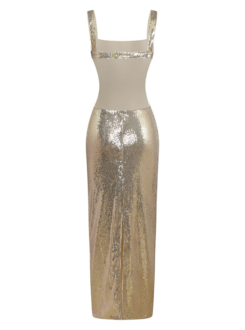 Gold Sequin Formal Dress | Square Neckline, Midi Length, Special Occasion