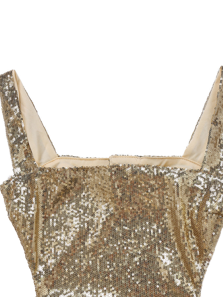 Gold 1920s Sequined Backless Evening Maxi Dress - vintage dress, retro fashion, Gatsby party