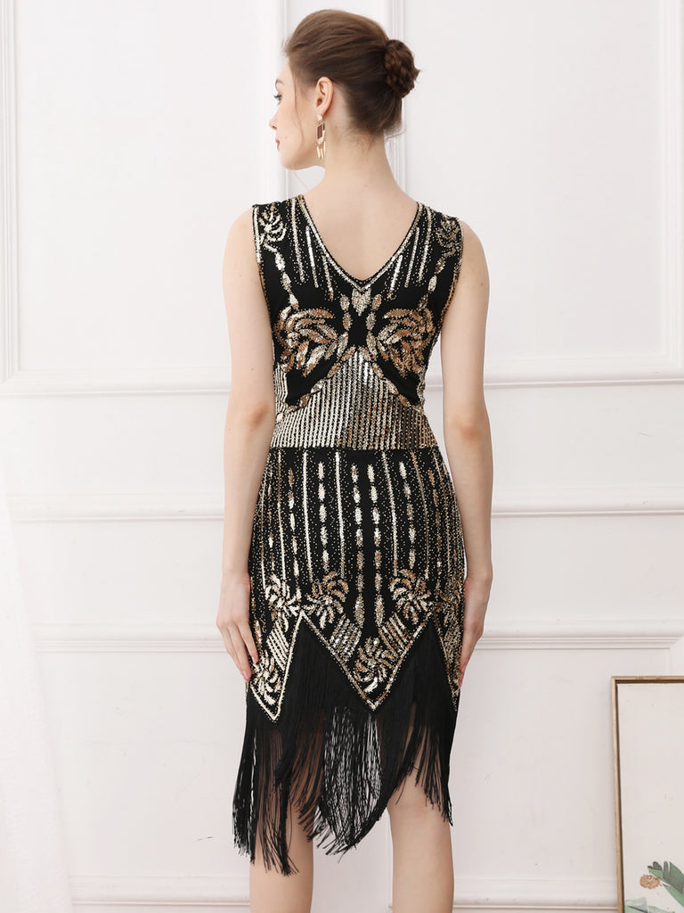 Gold 1920s Tassel Sequined Sleeveless Gatsby Dress | Retro Stage Gold 1920s Tassel Sequined Sleeveless Gatsby Dress | Retro Stage