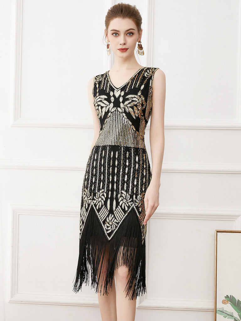 Gold 1920s Tassel Sequined Sleeveless Gatsby Dress | Retro Stage Gold 1920s Tassel Sequined Sleeveless Gatsby Dress | Retro Stage