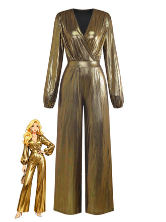 Gold 1930s Metallic Fabric V-Neck Jumpsuit - vintage jumpsuit, retro fashion, glamorous gold