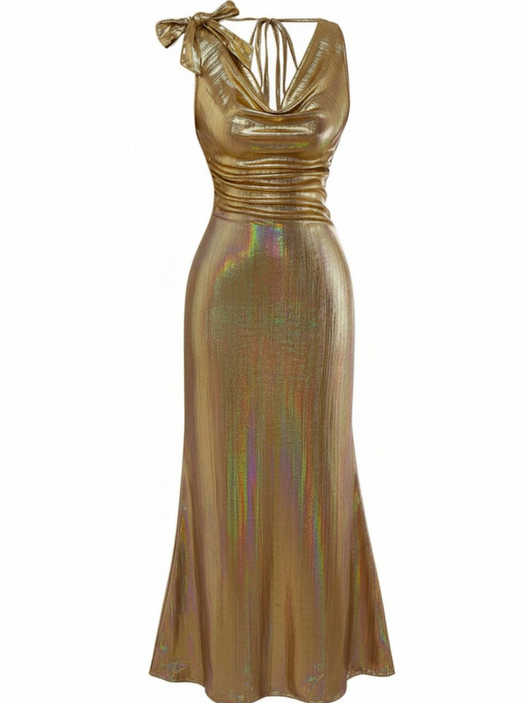 Floor-Length Mermaid Gold Metallic Wedding Guest Formal Semi-Formal Black Tie Dresses Cowl Neck Floor-Length Mermaid Gold Metallic Wedding Guest Formal Semi-Formal Black Tie Dresses Cowl Neck