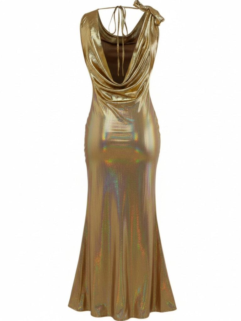 Floor-Length Mermaid Gold Metallic Wedding Guest Formal Semi-Formal Black Tie Dresses Cowl Neck Floor-Length Mermaid Gold Metallic Wedding Guest Formal Semi-Formal Black Tie Dresses Cowl Neck