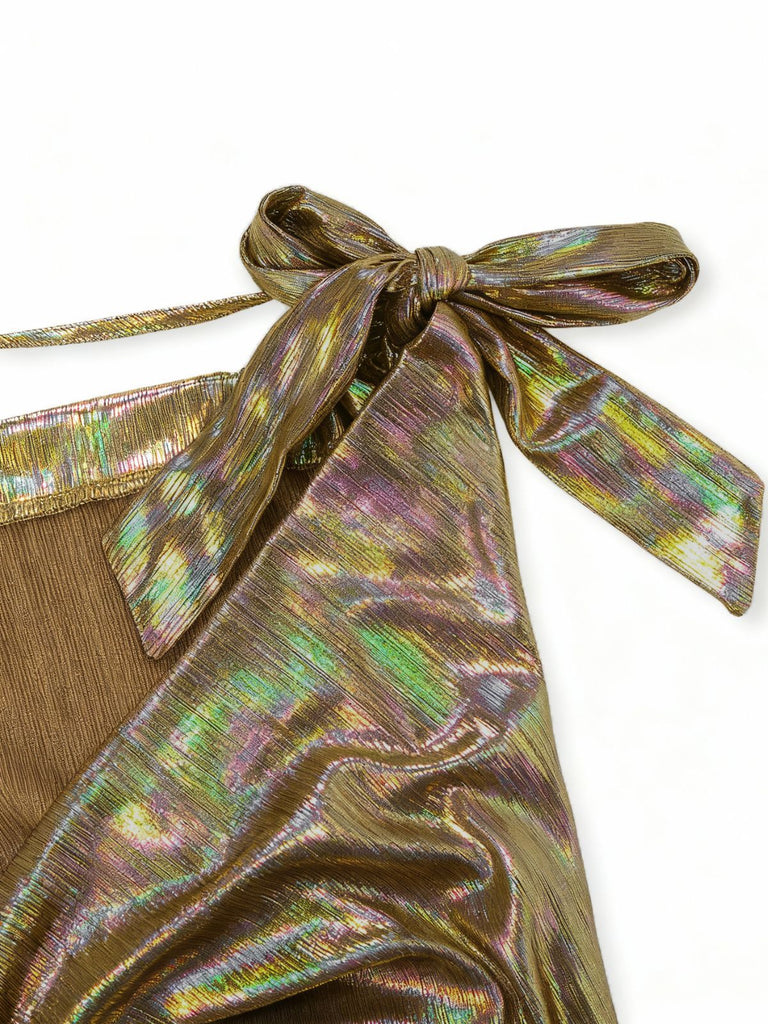 Gold 1930s Metallic Textured Bow Cowl Neck Dress - vintage dress, retro fashion, elegant red