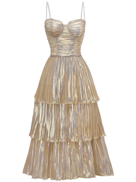 A-Line Pleated Metallic Tiered Spaghetti Strap Sweetheart Neck Midi Cocktail Dress