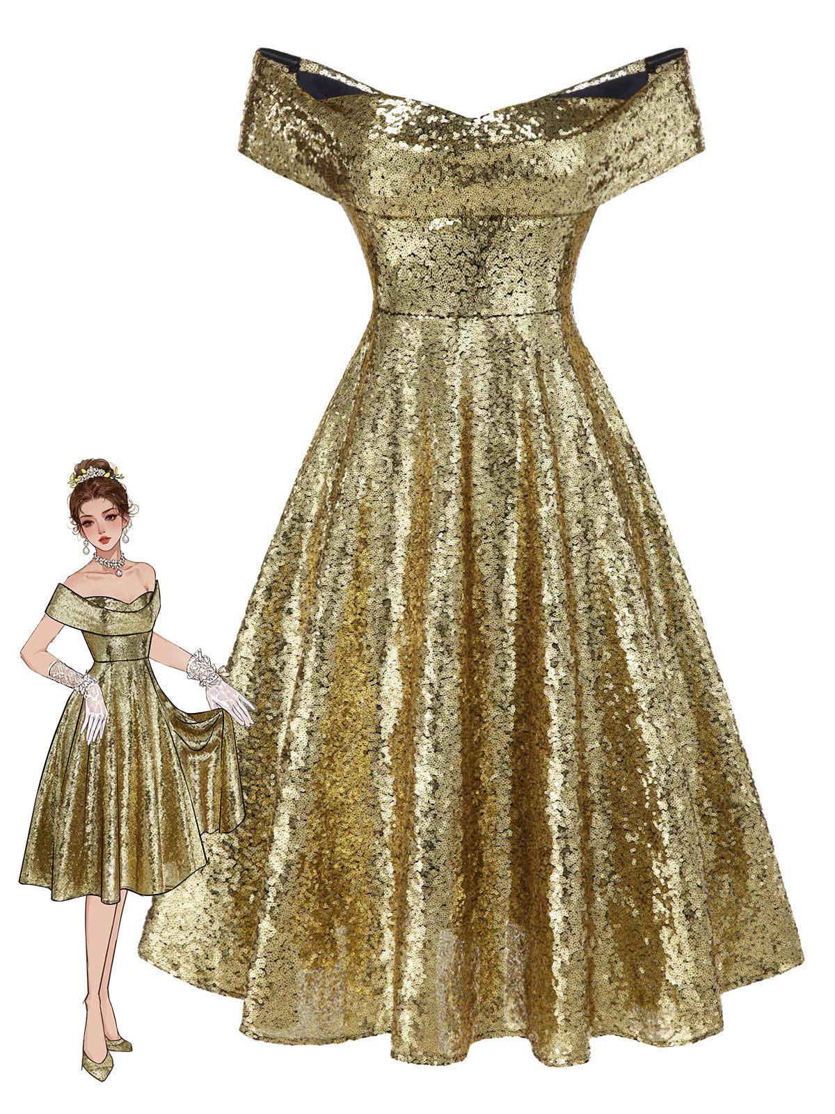 Gold 1950s Off-Shoulder Sequined Swing Dress