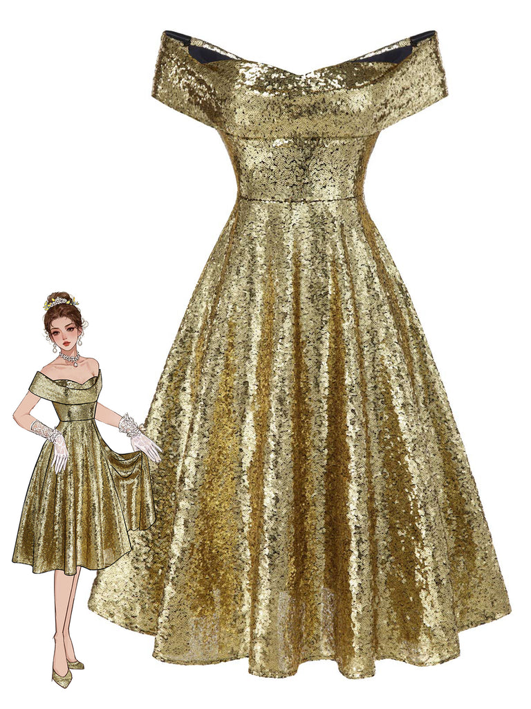 Gold Cocktail Dress A-Line Sequins Party Dress Off-Shoulder Vintage Style Tea-Length Evening Gown 2026 Gold Cocktail Dress A-Line Sequins Party Dress Off-Shoulder Vintage Style Tea-Length Evening Gown 2026