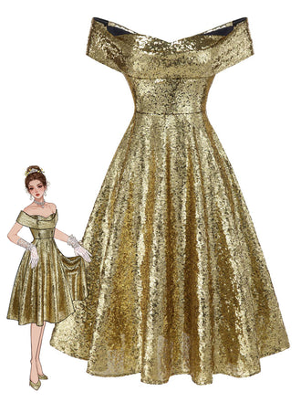 Gold 1950s Off-Shoulder Sequined Swing Dress - vintage dress, retro fashion, rockabilly