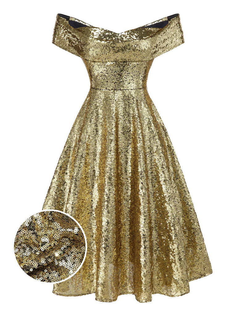 Gold 1950s Off-Shoulder Sequined Swing Dress - vintage dress, retro fashion, rockabilly