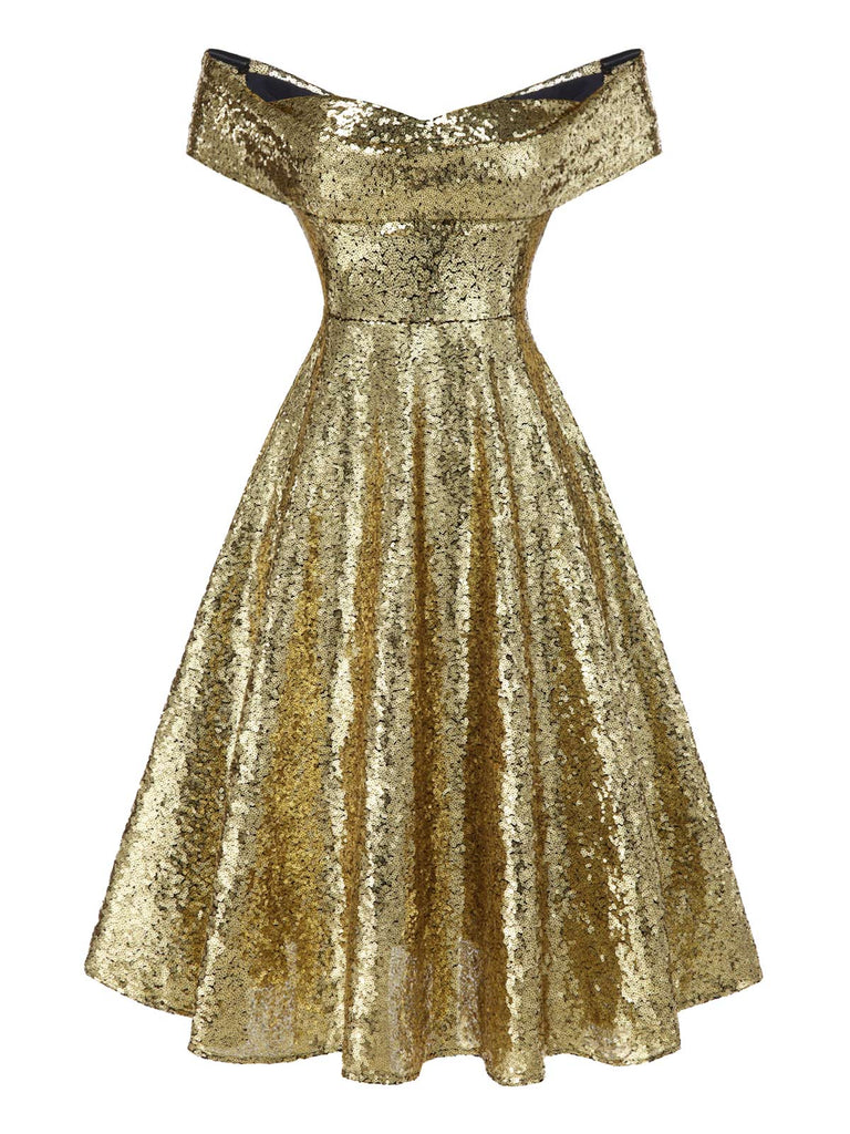 Gold 1950s Off-Shoulder Sequined Swing Dress - vintage dress, retro fashion, rockabilly