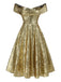 Gold 1950s Off-Shoulder Sequined Swing Dress - vintage dress, retro fashion, rockabilly