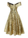 Gold 1950s Off-Shoulder Sequined Swing Dress - vintage dress, retro fashion, rockabilly