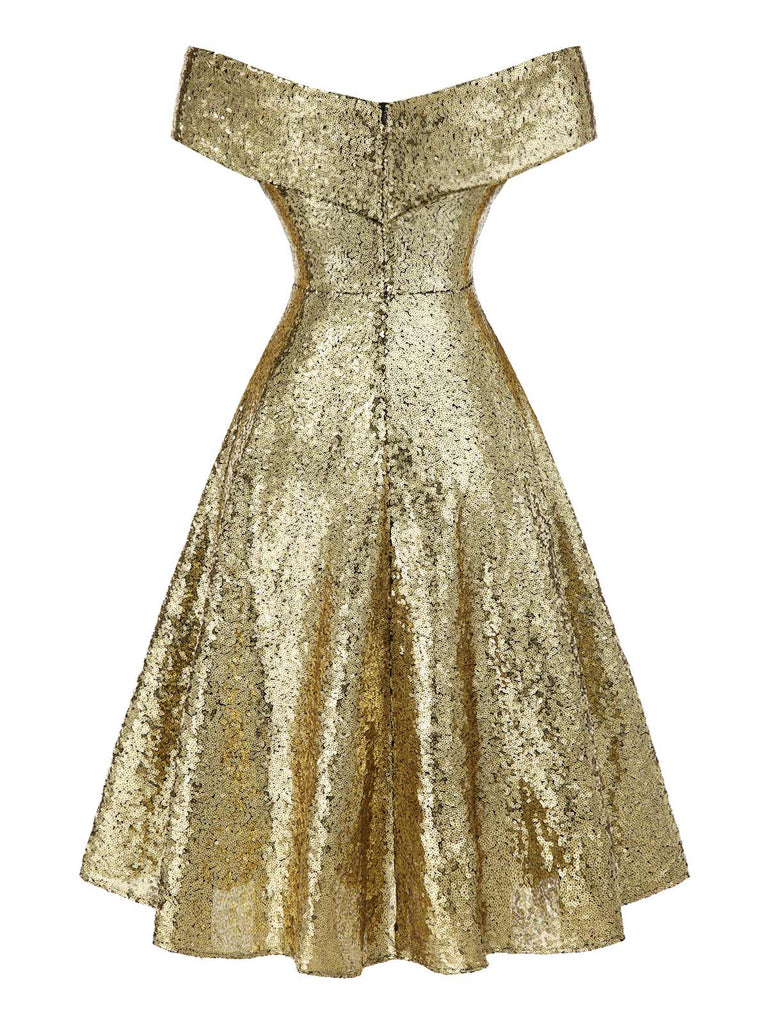 Gold 1950s Off-Shoulder Sequined Swing Dress | Retro Stage Gold 1950s Off-Shoulder Sequined Swing Dress | Retro Stage