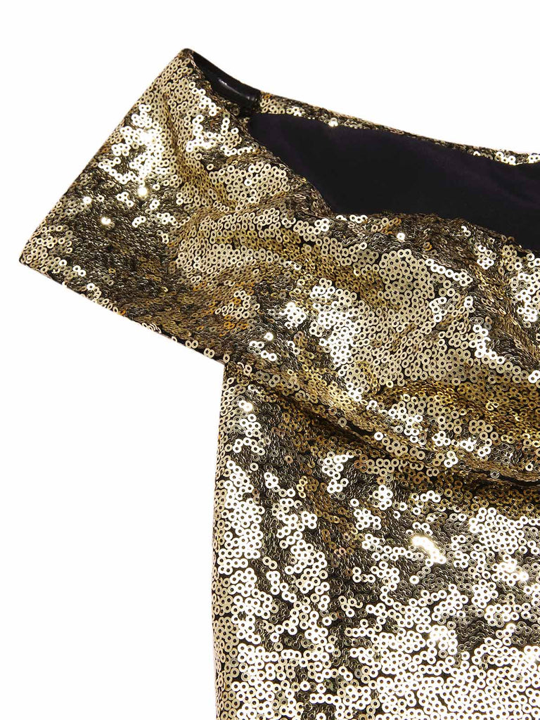 Gold 1950s Off-Shoulder Sequined Swing Dress | Retro Stage Gold 1950s Off-Shoulder Sequined Swing Dress | Retro Stage