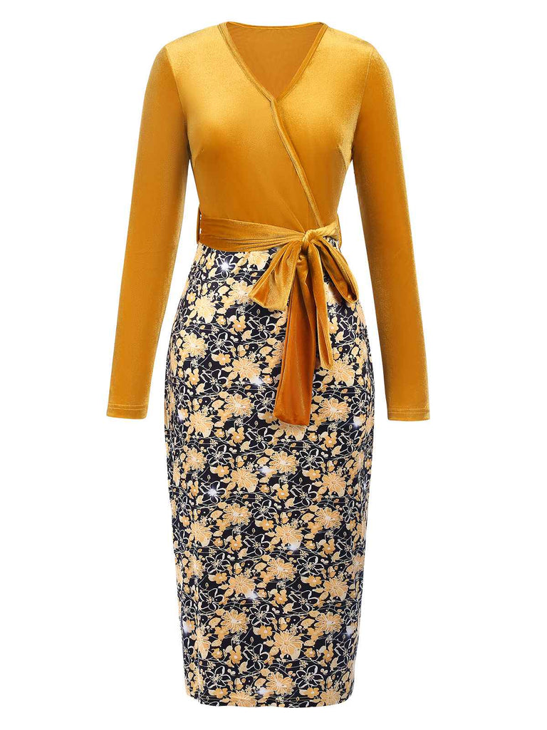 Gold 1960s Floral Patchwork Wrap Belted Dress, vintage dress, retro fashion, floral print - perfect for women who love vintage and retro fashion