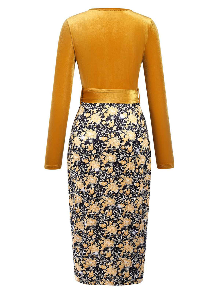 Gold 1960s Floral Patchwork Wrap Belted Dress, vintage dress, retro fashion, floral print - perfect for women who love vintage and retro fashion